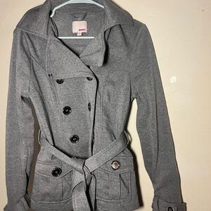 Women's belted button-front coat in gray, size small.